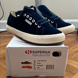 New Superga Women’s Blue Velvet Lace Up Sneakers/ Tennis Shoes, US 8